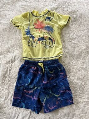 Kids Yellow Dino Rash Guard Swim Top & Navy Dino Swim Trunks Set